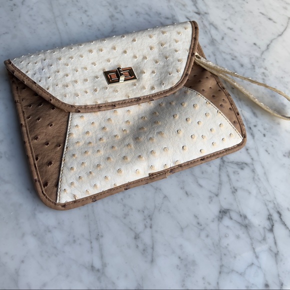 Faux-Ostrich Clutch purse tan and cream - Picture 4 of 8